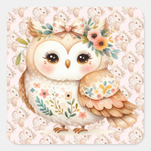 Sticker Carré Boho Cottagecore Owl Floral Farmcore Charme