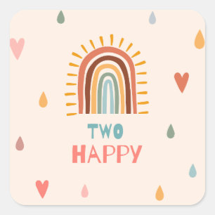 Sticker Carré Boho Deux deuxième anniversaire Rainbow