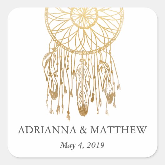 Sticker Carré Boho Dream Catcher Faux Gold Foil Mariage tribal (Devant)