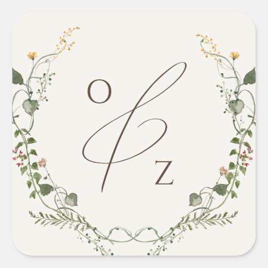 Sticker Carré Boho Fleur sauvage BeigeMonogramme Enveloppe couro (Devant)