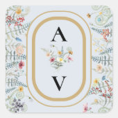 Sticker Carré Boho Fleur sauvage Fern Dusty Blue Monogramme Favo (Devant)