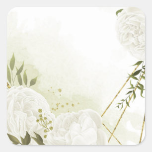 Sticker Carré Boho fleurs blanches vert feuille botanique carré 