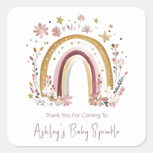 Sticker Carré Boho Floral Rainbow Baby Sprinkle Merci (Devant)