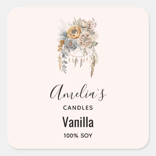 Sticker Carré Boho Flowers et Dreamcatcher - Bougies (Devant)