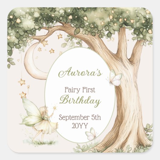 Sticker Carré Boho Forest Watercolor Fairy First birthday (Devant)
