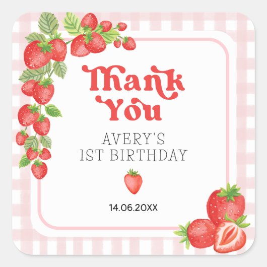 Sticker Carré Boho fraise Berry Premier anniversaire Merci (Devant)