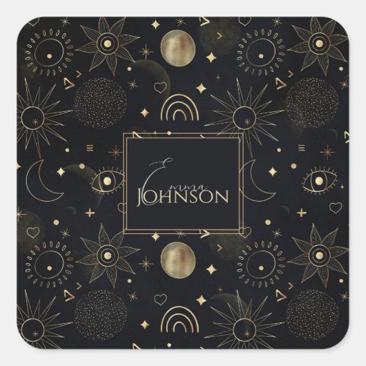 Sticker Carré Boho Gold Space doodles Black Design (Devant)
