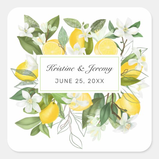 Sticker Carré Boho Lemons Aquarelle Floral Mariage (Devant)