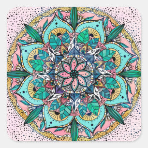 Sticker Carré Boho Mandala couleur aquarelle Floral