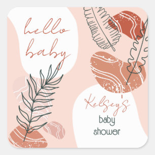Sticker Carré Boho Minimaliste Hello Baby shower Blush