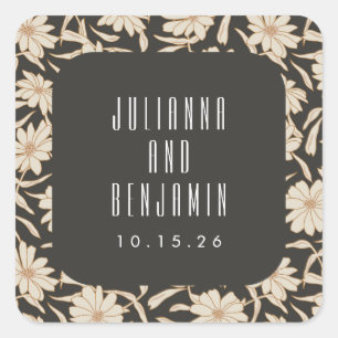 Sticker Carré Boho Moderne Botanique Noir ivoire Mariage Personn