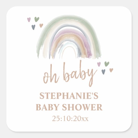 Sticker Carré Boho Muted Baby shower arc-en-ciel Merci (Devant)