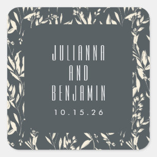 Sticker Carré Boho noir floral mariage personnalisé dessiné à la