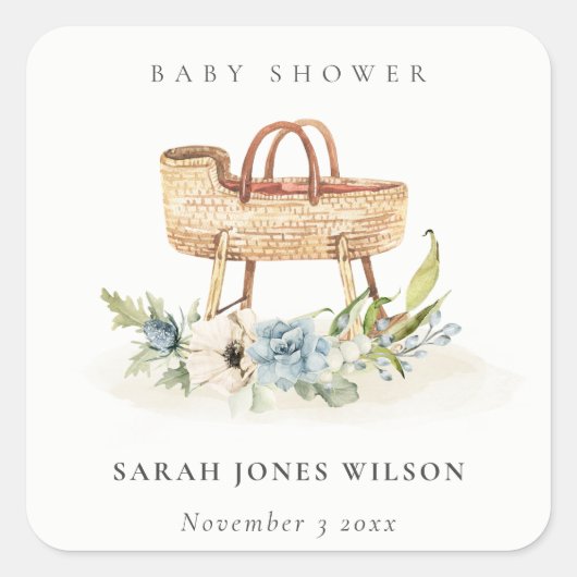 Sticker Carré Boho Nursery Blue Floral Bassinet Baby shower (Devant)