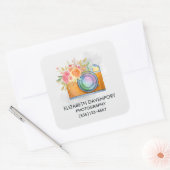 Sticker Carré Boho Orange Caméra & Fleurs Aquarelle Entreprise (Enveloppe)