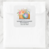 Sticker Carré Boho Orange Caméra & Fleurs Aquarelle Entreprise (Sac)