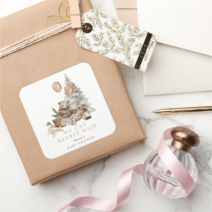 Sticker Carré Boho Ours d'Hiver Attend Avec Impatience Bébé Fête