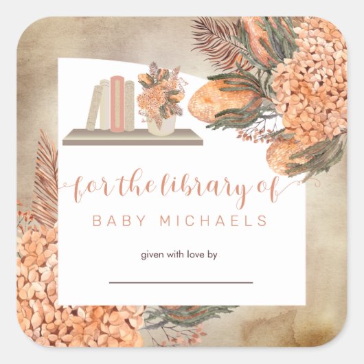 Sticker Carré Boho Palm Feuilles |Plaque de Baby shower Hydrange (Devant)