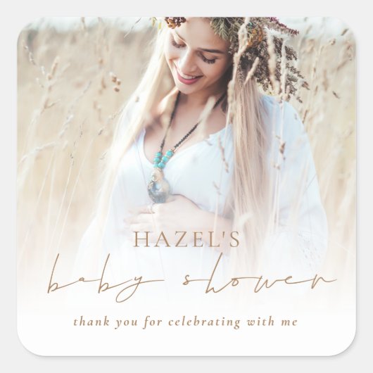 Sticker Carré Boho Photo Overlay Gold Script Baby shower Merci (Devant)