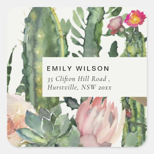 STICKER CARRÉ BOHO PINK FLORAL DESERT CACTI ADRESSE FOLIAGE (Devant)