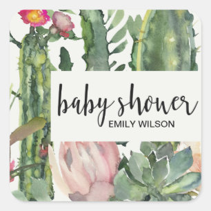 STICKER CARRÉ BOHO PINK FLORAL DESERT CACTI FOLIAGE BABY SHOWER