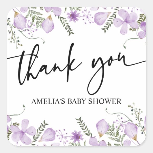 Sticker Carré Boho Purple Fleur sauvage Baby shower Favore Stick (Devant)