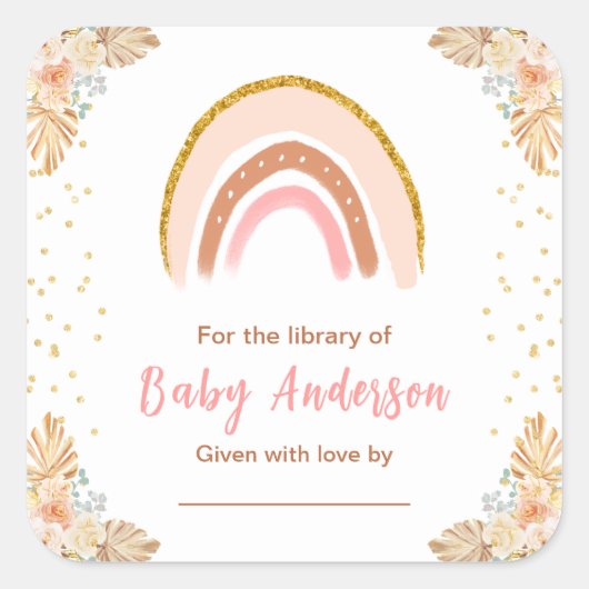 Sticker Carré Boho Rainbow Baby shower rose plaque (Devant)
