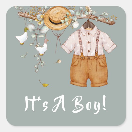 Sticker Carré Boho Rustic Greenery Baby Boy (Devant)