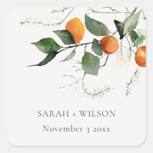 Sticker Carré Boho rustique Mariage botanique en fleurs orange