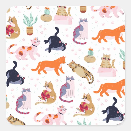 Sticker Carré Boho Summer Cute Cats Green Cactus (Devant)