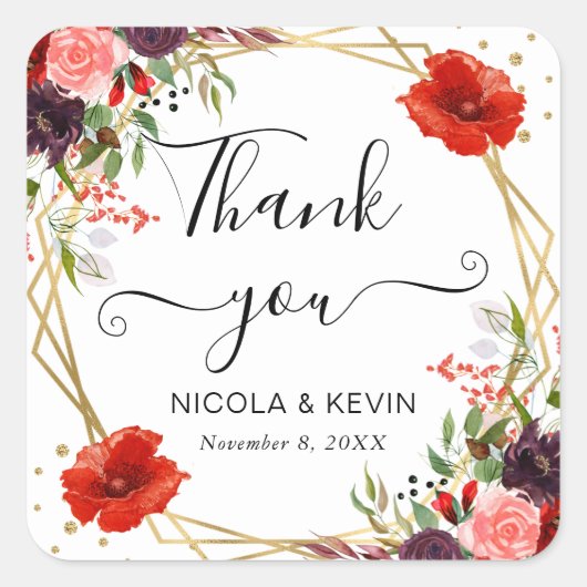 Sticker Carré Boho Watercolor Fall Flowers Gold Frame Mariage (Devant)