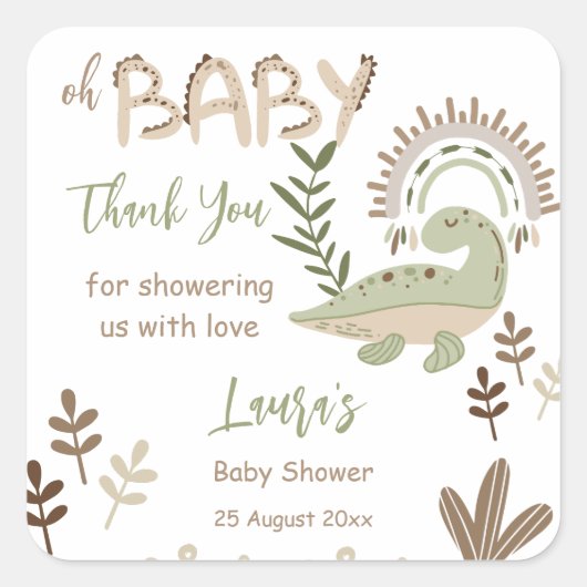Sticker Carré Boho whimsar dinosaure oh baby shower bébé (Devant)