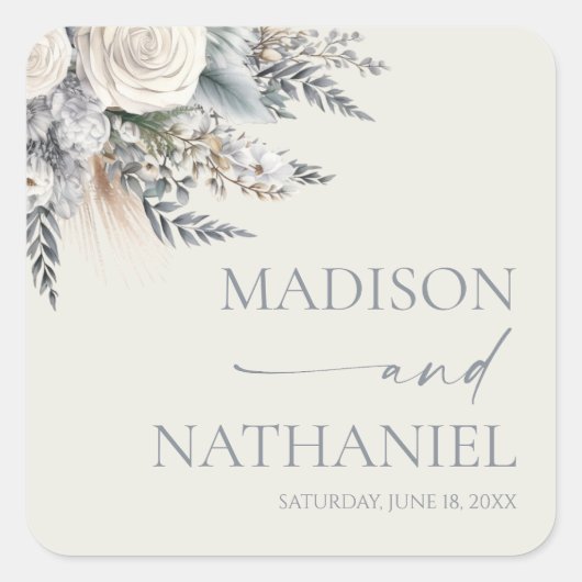 Sticker Carré Boho White Rose Floral Mariage Jardin (Devant)