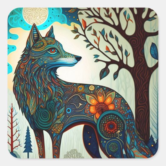 Sticker Carré Boho Wolf Surreal Wildlife Art (Devant)