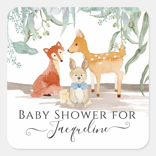 Sticker Carré Bois Animaux Renard Cerf Lapin Bébé Garçon Douche (Devant)
