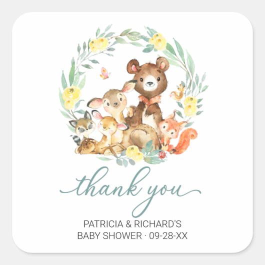Sticker Carré Bois Animaux Végétation Baby shower Merci (Devant)