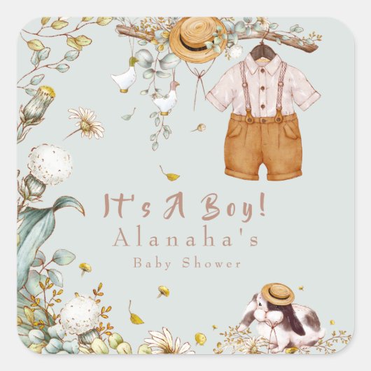 Sticker Carré Bois Animaux Végétation Rustique Garçon (Devant)