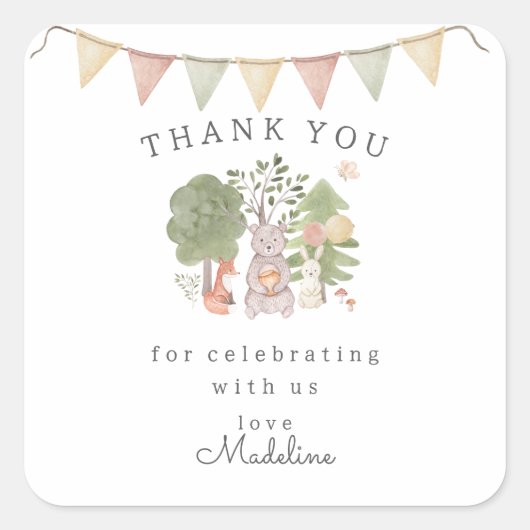 Sticker Carré Bois aquarelle | Amis de la forêt (Devant)