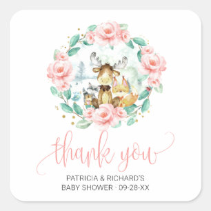 Sticker Carré Bois Baby shower de verdure fleurie Merci