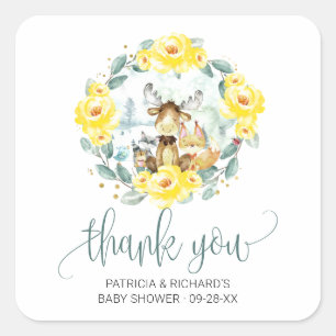 Sticker Carré Bois Baby shower de verdure fleurie Merci