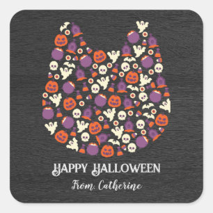 Sticker Carré bois foncé chat chien mignon Halloween invitations