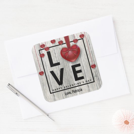 Sticker Carré Bois moderne Saint Valentin AMOUR Coeurs rouges Ru (Enveloppe)