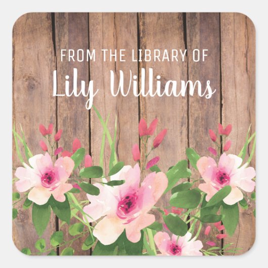 Sticker Carré Bois rustique Aquarelle Floral Library Plaques de (Devant)