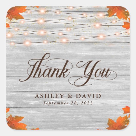 Sticker Carré Bois Rustique Feuilles Merci Mariage (Devant)
