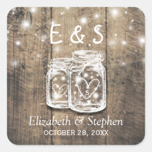 Sticker Carré Bois rustique Mason Jar String éclats mariage Fave