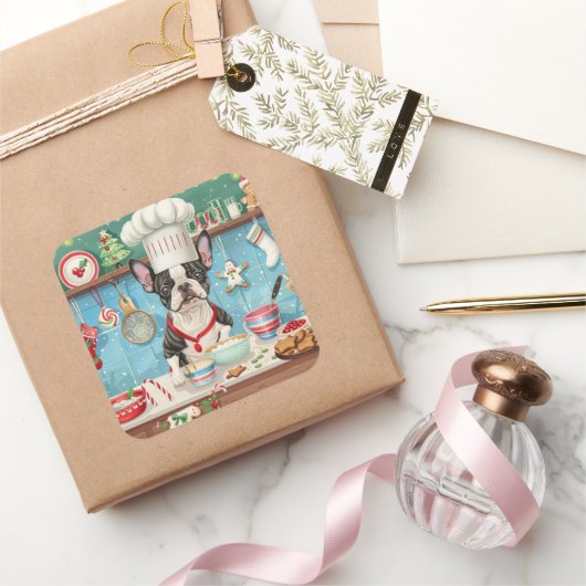 Sticker Carré Boisson de Noël de Boston Terrier (Cadeaux)