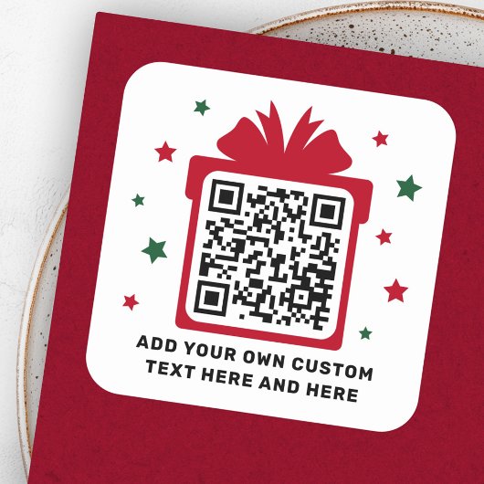 Sticker Carré Boîte cadeau de Noël avec étoiles code QR rouge bl