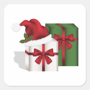 Sticker Carré Boîtes Cadeaux Blanches Et Vertes Avec Un Chapeau 