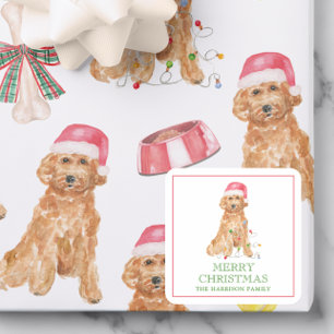 Sticker Carré Boîtier cadeau de Noël Père Noël Chien Watercolor