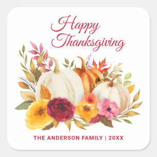 STICKER CARRÉ BON THANKSGIVING COULEUR D'EAU FLORAL CITROUILLE P
